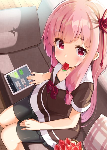 Anime picture 800x1116 with voiceroid kotonoha akane ominaeshi (takenoko) single long hair tall image looking at viewer blush fringe red eyes sitting holding pink hair indoors from above short sleeves mouth hold plaid food in mouth girl