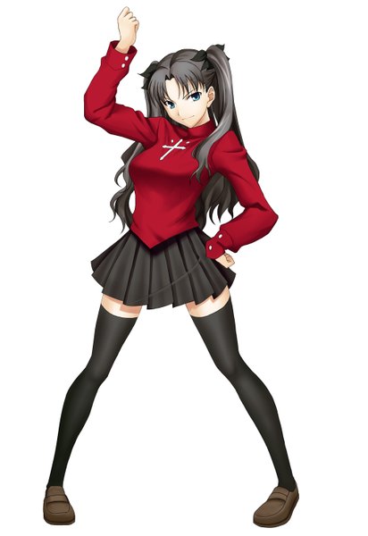 Anime picture 2031x2952 with fate (series) fate/stay night studio deen type-moon toosaka rin zhou siwei long hair tall image highres black hair simple background white background girl thighhighs skirt bow black thighhighs hair bow