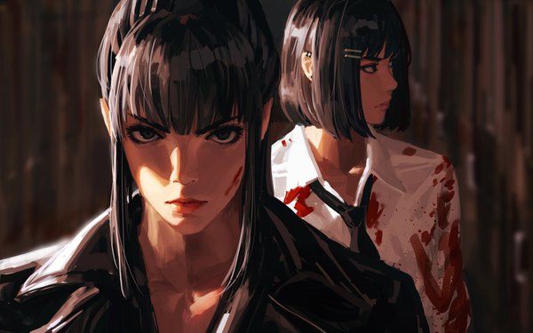 Anime picture 4096x2560 with original guweiz long hair looking at viewer fringe highres short hair black hair standing multiple girls payot looking away absurdres upper body blunt bangs lips black eyes blurry realistic piercing