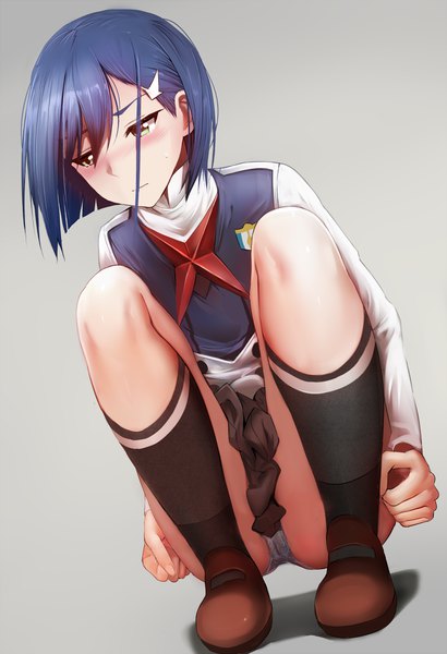 Anime picture 748x1094 with darling in the franxx studio trigger ichigo (darling in the franxx) ginhaha single tall image blush fringe short hair blue eyes light erotic simple background blue hair looking away full body grey background squat girl skirt underwear