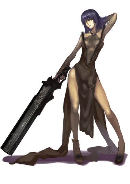 Anime picture 1000x1415 with original charimei single tall image short hair simple background white background bare shoulders yellow eyes purple hair shadow girl dress weapon gun