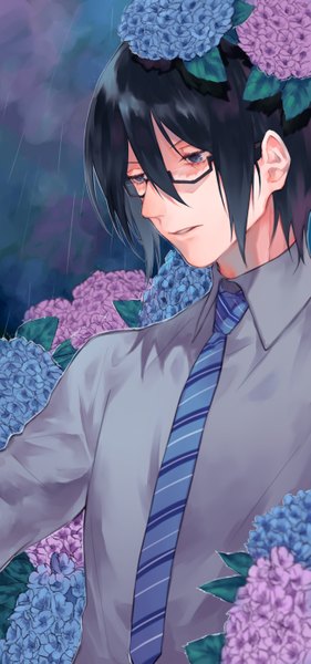 Anime picture 2612x5579 with idolmaster idolmaster side-m sakuraba kaoru yokuni (yokunill001121) single tall image fringe highres short hair blue eyes black hair hair between eyes upper body looking down rain boy flower (flowers) shirt necktie hydrangea