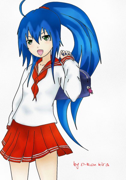 Anime picture 1200x1712 with lucky star original kyoto animation izumi konata o-ren kira (artist) long hair tall image open mouth white background green eyes signed blue hair ponytail very long hair mole mole under eye girl skirt shirt serafuku