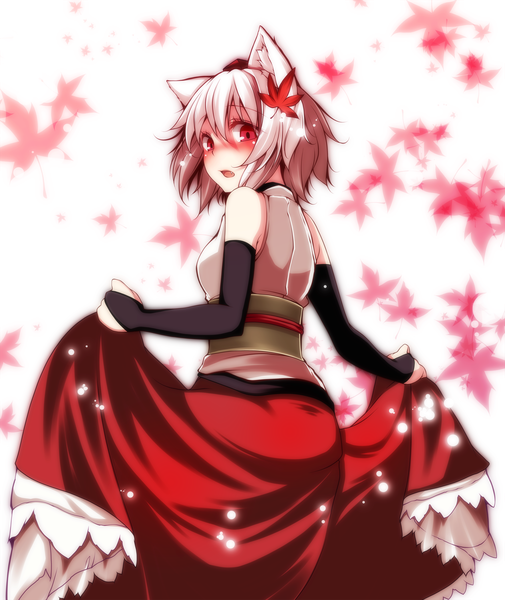 Anime picture 1769x2100 with touhou inubashiri momiji s-syogo single tall image blush highres short hair open mouth red eyes bare shoulders animal ears white hair looking back girl dress leaf (leaves)