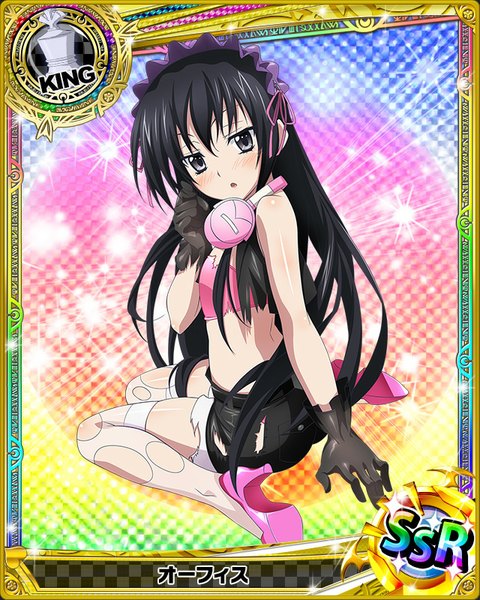 Anime picture 640x800 with highschool dxd ophis single tall image looking at viewer blush open mouth black hair very long hair black eyes loli torn clothes card (medium) girl thighhighs gloves white thighhighs black gloves shorts headdress