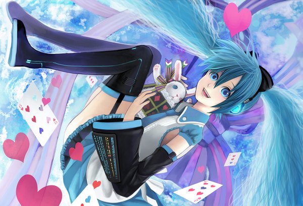 Anime picture 1500x1021 with vocaloid hatsune miku kari kenji single long hair open mouth blue eyes twintails aqua hair girl thighhighs skirt detached sleeves miniskirt heart thigh boots card (cards)