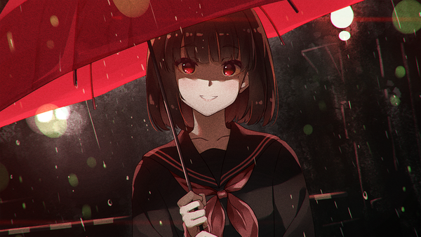 Anime picture 1920x1080 with original narumi nanami single looking at viewer fringe highres short hair smile red eyes brown hair wide image holding blunt bangs parted lips night mole mole under eye shaded face rain girl
