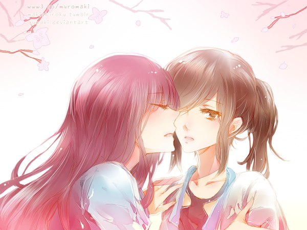 Anime picture 1400x1050 with shin sekai yori a-1 pictures watanabe saki akizuki maria wurstmaki long hair fringe simple background brown hair white background multiple girls brown eyes pink hair ponytail eyes closed profile hair over one eye couple hug cherry blossoms