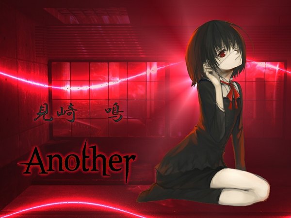 Anime picture 1024x768 with another p.a. works misaki mei single looking at viewer short hair black hair red eyes sitting inscription wallpaper copyright name red background girl dress socks window bowtie black socks eyepatch