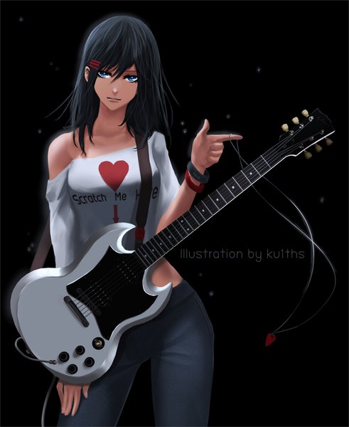 Anime picture 1514x1850 with original ku1ths single long hair tall image looking at viewer fringe blue eyes black hair simple background hair between eyes standing bare shoulders signed light smile hand on hip text watermark black background english