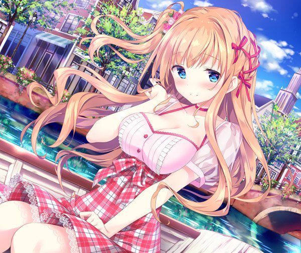 Anime picture 1920x1621 with original date situation zukan saijo melia kimishima ao single long hair looking at viewer blush highres breasts blue eyes blonde hair smile large breasts sitting cleavage outdoors hair flower embarrassed one side up