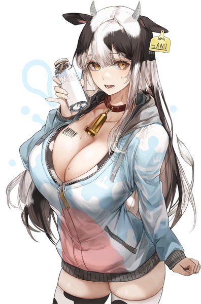 Anime picture 800x1211 with original kim eb single long hair tall image looking at viewer fringe breasts open mouth light erotic black hair simple background hair between eyes standing white background holding animal ears yellow eyes payot cleavage