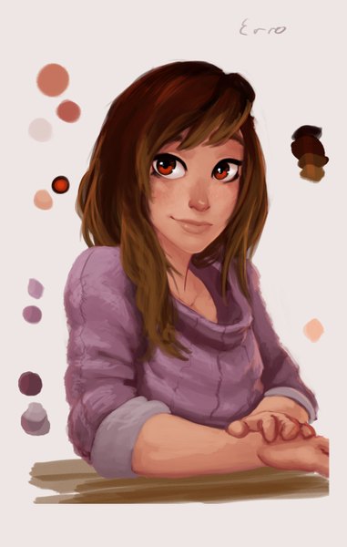 Anime picture 1739x2737 with carlos eduardo single long hair tall image highres red eyes brown hair lips girl sweater
