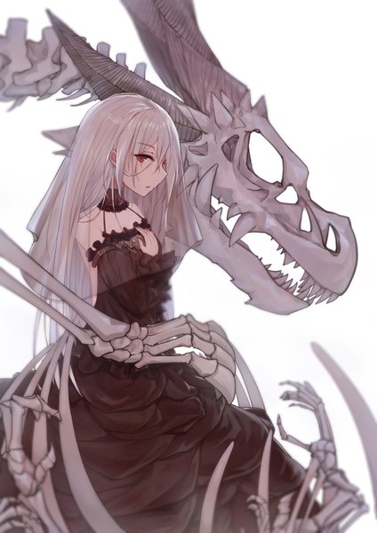 Anime picture 3307x4677 with original yukineko single long hair tall image looking at viewer highres simple background red eyes white background absurdres silver hair profile fantasy skeleton girl dress detached sleeves black dress dragon