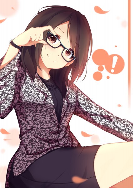 Anime picture 800x1131 with original riki-to single long hair tall image looking at viewer black hair smile sitting brown eyes head tilt floral print adjusting glasses ! girl dress petals glasses bracelet black dress