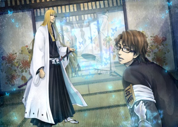 Anime picture 5160x3679 with bleach studio pierrot aizen sousuke hirako shinji love (pixiv) long hair fringe highres blonde hair brown hair standing brown eyes absurdres traditional clothes multiple boys glowing gotei boy weapon sword