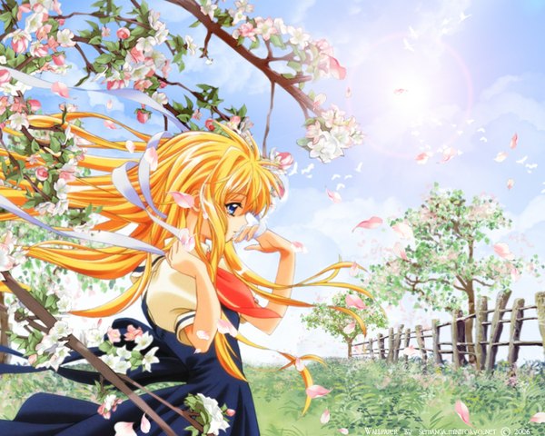 Anime picture 1280x1024 with air key (studio) kamio misuzu fightgirl (semanga) single long hair blue eyes blonde hair signed sky profile wind cherry blossoms looking down third-party edit field girl uniform ribbon (ribbons) plant (plants)