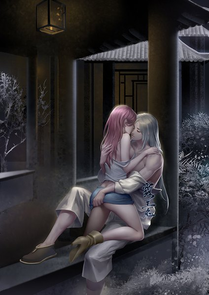 Anime picture 700x990 with hitori no shita: the outcast he xia lingyu zhang cony (comicsun) long hair tall image breasts light erotic large breasts sitting bare shoulders payot pink hair silver hair full body bent knee (knees) outdoors eyes closed high heels couple