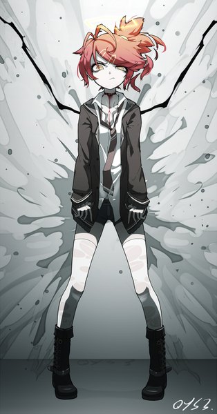 Anime picture 787x1500 with original tian ling (qys3) qys3 single long hair tall image looking at viewer fringe standing signed yellow eyes red hair side ponytail open collar injury bleeding deep wound girl necktie shorts