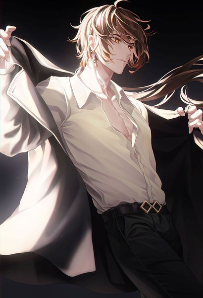 Anime picture 957x1400 with genshin impact zhongli (genshin impact) myless single long hair tall image simple background brown hair brown eyes looking away black background low ponytail partially open clothes boy shirt belt white shirt cloak single earring