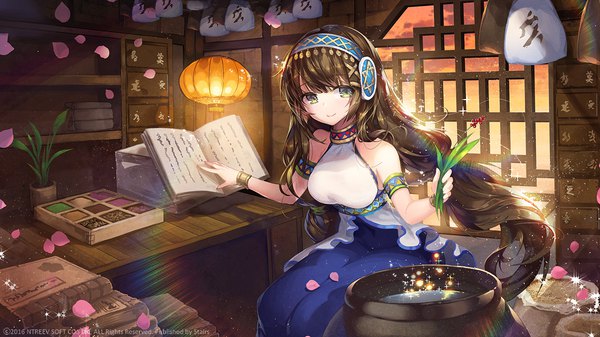 Anime picture 1300x731 with original apple caramel single looking at viewer brown hair wide image bare shoulders green eyes very long hair girl dress petals book (books)
