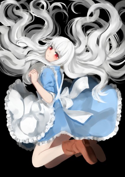 Anime picture 1500x2121 with kagerou project shaft (studio) mary (kagerou project) akitannn single tall image blush fringe simple background red eyes bent knee (knees) white hair very long hair head tilt looking back black background jumping twisty sleeves midair albino