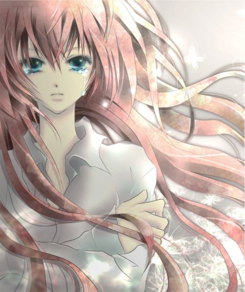 Anime picture 1024x1219 with vocaloid megurine luka aonoe single long hair tall image fringe pink hair aqua hair tears crying sad girl shirt