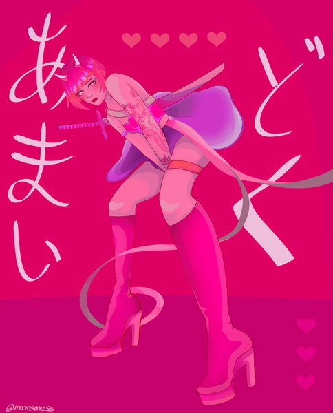 Anime picture 3300x4093 with original moonsmess single tall image looking at viewer blush fringe highres short hair light erotic simple background pink hair absurdres full body blunt bangs pink eyes horn (horns) high heels leaning leaning forward