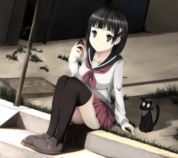 Anime picture 1750x1546 with sword art online nichijou a-1 pictures kyoto animation kirigaya suguha hews single highres short hair black hair sitting full body black eyes shadow girl thighhighs skirt hair ornament black thighhighs miniskirt