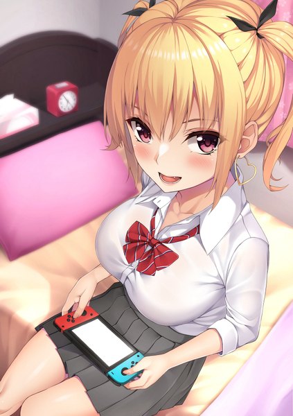 Anime picture 1260x1786 with original nintendo takocha single tall image looking at viewer blush fringe short hair breasts open mouth light erotic blonde hair smile hair between eyes red eyes large breasts sitting twintails holding