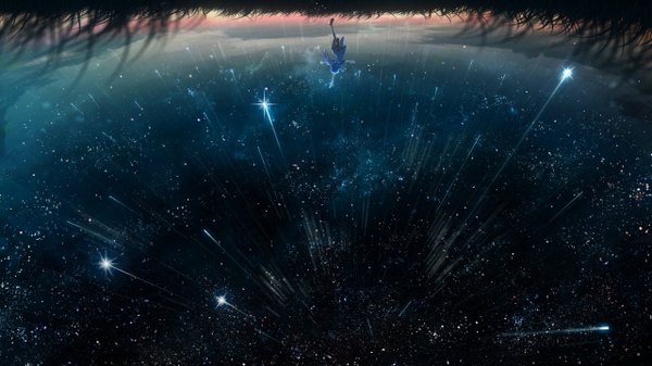 Anime picture 2560x1440 with original y y (ysk ygc) single long hair highres wide image blue hair cloud (clouds) depth of field wallpaper night sky evening reflection spread arms jumping upside down shooting star girl plant (plants) shorts