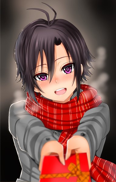 Anime picture 700x1099 with idolmaster idolmaster (classic) kikuchi makoto yamada naoko (hideko1227) single tall image looking at viewer blush short hair open mouth black hair purple eyes dark background valentine girl scarf gift red scarf striped scarf