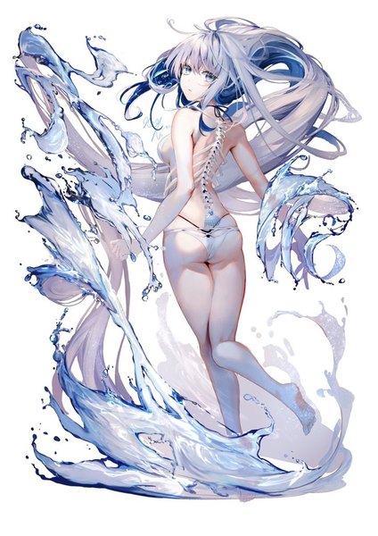 Anime picture 724x1024 with original kouyafu single long hair tall image looking at viewer fringe breasts blue eyes light erotic simple background hair between eyes standing white background bare shoulders silver hair full body bent knee (knees) ass looking back