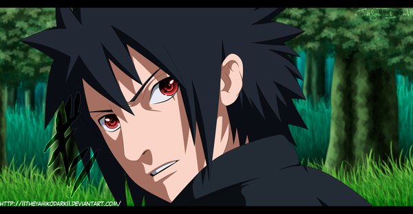Anime picture 1600x833 with naruto studio pierrot naruto (series) uchiha madara iitheyahikodarkii single short hair black hair red eyes wide image looking back coloring letterboxed close-up face sharingan boy plant (plants) tree (trees) grass