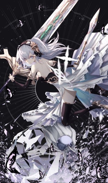 Anime picture 1000x1687 with original neon (pixiv 31150749) single long hair tall image looking at viewer fringe simple background hair between eyes bare shoulders holding silver hair bent knee (knees) looking back high heels one side up floating hair back black background bare back