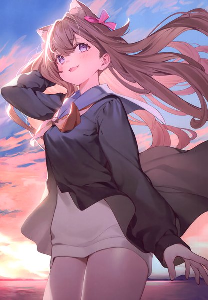 Anime picture 2406x3464 with original nyum single long hair tall image blush fringe highres open mouth smile hair between eyes brown hair purple eyes looking away sky cloud (clouds) outdoors long sleeves :d arm up