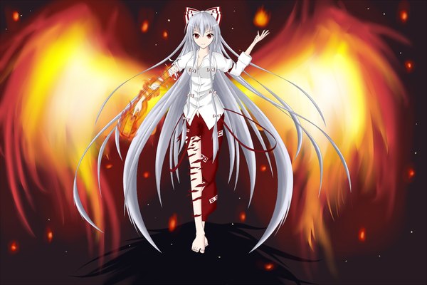 Anime picture 1500x1000 with touhou fujiwara no mokou gmot single long hair red eyes white hair barefoot girl bow hair bow wings fire