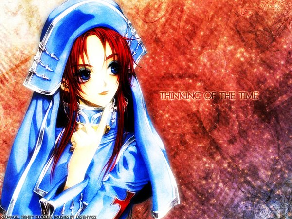 Anime picture 1024x768 with trinity blood gonzo esther blanchett single long hair blue eyes simple background signed red hair light smile inscription girl dress uniform hat
