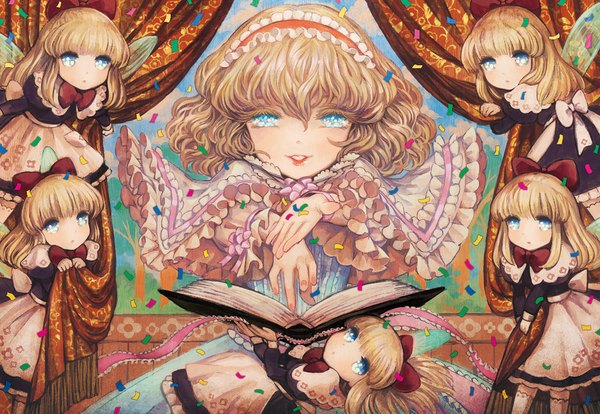 Anime picture 1158x800 with touhou alice margatroid shanghai takatora long hair looking at viewer short hair blue eyes blonde hair multiple girls 6+ girls 6 girls girl dress bow hair bow wings hairband book (books) doll (dolls)