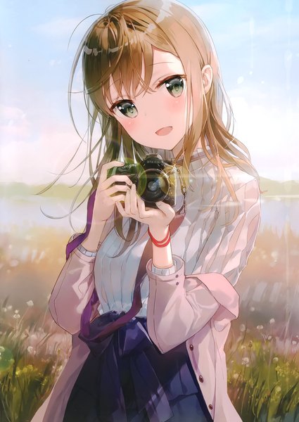 Anime picture 2425x3426 with original fuumi (radial engine) single long hair tall image looking at viewer blush fringe highres open mouth smile hair between eyes brown hair standing holding green eyes sky cloud (clouds) outdoors head tilt