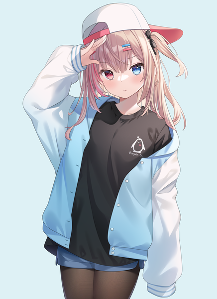 Anime picture 1500x2062 with original hitsukuya single long hair tall image looking at viewer fringe blue eyes simple background red eyes brown hair standing long sleeves multicolored hair arm up off shoulder open jacket streaked hair heterochromia one side up