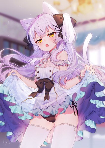 Anime picture 1448x2048 with original kawachi rin single long hair tall image looking at viewer blush fringe open mouth light erotic standing bare shoulders holding animal ears yellow eyes purple hair tail animal tail blurry cat ears