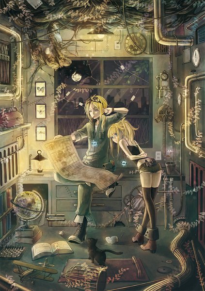 Anime picture 768x1088 with original amaichi esora long hair tall image blue eyes blonde hair sitting holding ponytail night grey eyes mouth hold girl thighhighs boy black thighhighs plant (plants) animal glasses shorts