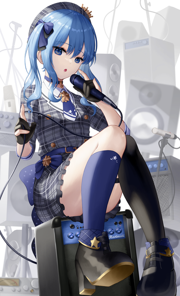 Anime picture 2822x4620 with virtual youtuber hololive hoshimachi suisei hoshimachi suisei (1st costume) roina single long hair tall image looking at viewer fringe highres blue eyes hair between eyes sitting twintails holding blue hair full body bent knee (knees) head tilt