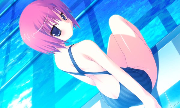 Anime picture 1024x614 with twinkle crusaders azel single blush short hair blue eyes wide image sitting game cg purple hair looking back girl swimsuit pool