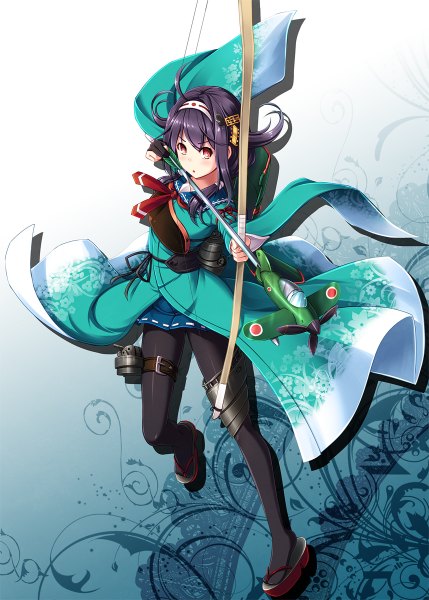 Anime picture 858x1200 with kantai collection taigei light aircraft carrier ryuuhou seaplane tender akashio (loli ace) single long hair tall image light erotic red eyes purple hair ahoge traditional clothes japanese clothes cameltoe remodel (kantai collection) archery girl skirt gloves weapon