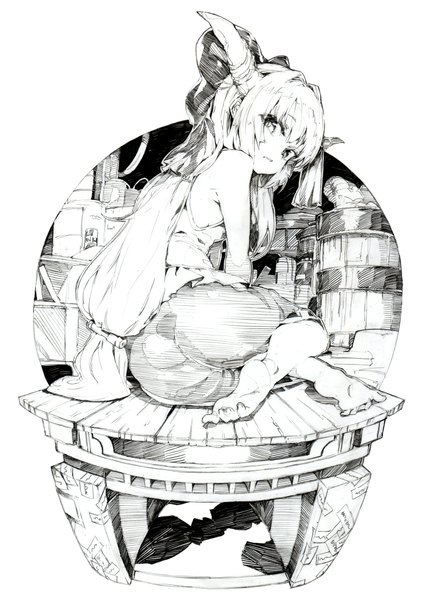Anime picture 1564x2177 with touhou red bull ibuki suika oshake single long hair tall image looking at viewer sitting bare shoulders ass ponytail looking back barefoot horn (horns) monochrome girl ribbon (ribbons) can barrel