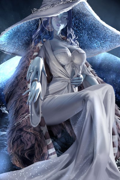 Anime picture 2339x3508 with elden ring ranni the witch zumi (zumidraws) single long hair tall image looking at viewer highres breasts blue eyes light erotic large breasts sitting signed blue hair bent knee (knees) parted lips fingernails lips realistic