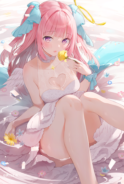 Anime picture 1304x1938 with original kinako (shiratama mochi) single long hair tall image looking at viewer blush fringe sitting bare shoulders holding pink hair bent knee (knees) blunt bangs pink eyes from above two side up partially submerged white wings convenient leg