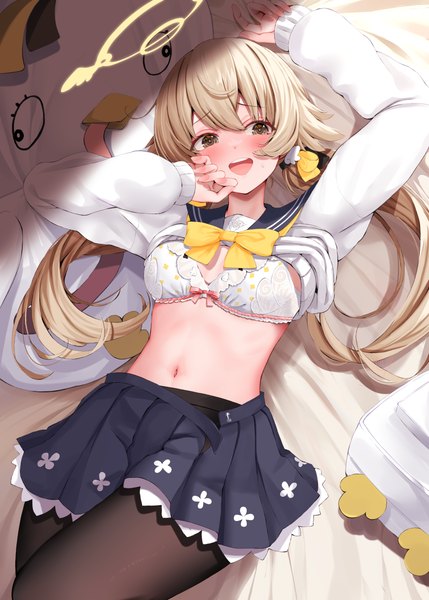 Anime picture 2591x3624 with blue archive hifumi (blue archive) peroro (blue archive) narushima kanna single long hair tall image blush highres breasts open mouth light erotic blonde hair smile twintails brown eyes looking away lying long sleeves :d